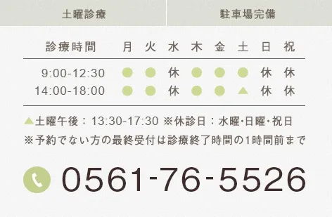 土曜診療 駐車場完備 土曜午後:13:30-17:30 ※休診日:水曜・日曜・祝日※予約でない方の最終受付は診療終了時間の1時間前まで 0561-76-5526